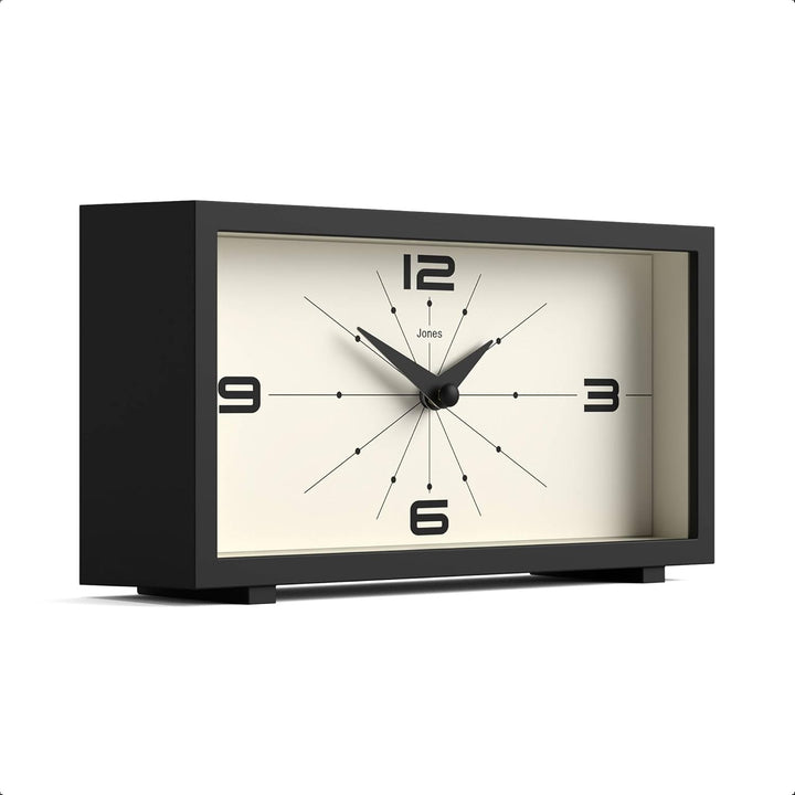 JONES CLOCKS® Schreibtischuhr 'Odeon' – modernes rechteckiges Design in Schwarz, stilvoller Retro-Lo