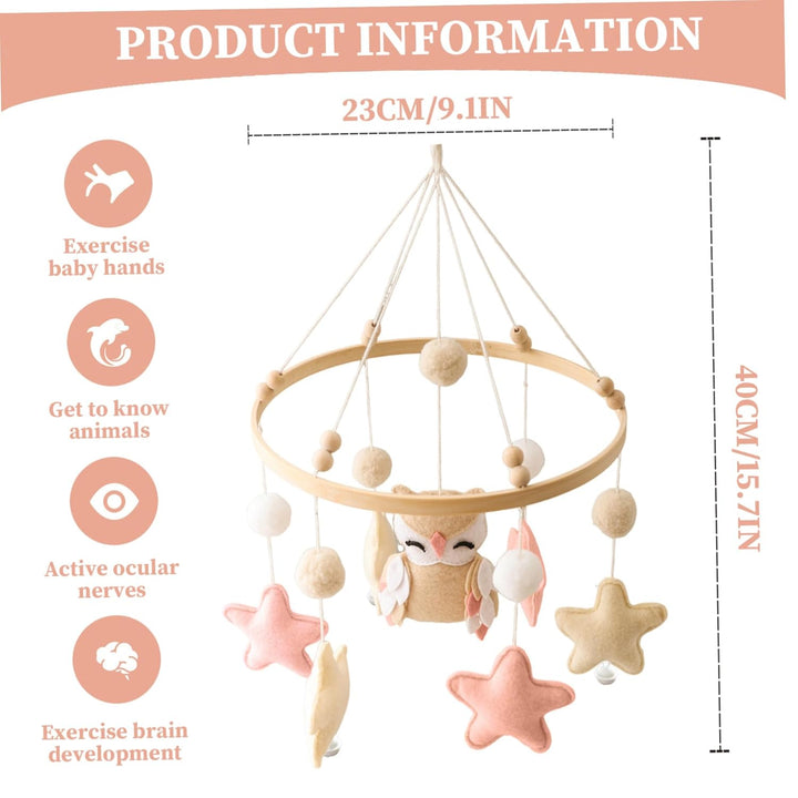 Baby-Mobile für das Kinderbett, hölzernes Babybett-Mobile mit Filzkugeln, Eule und Stern, Bettglocke