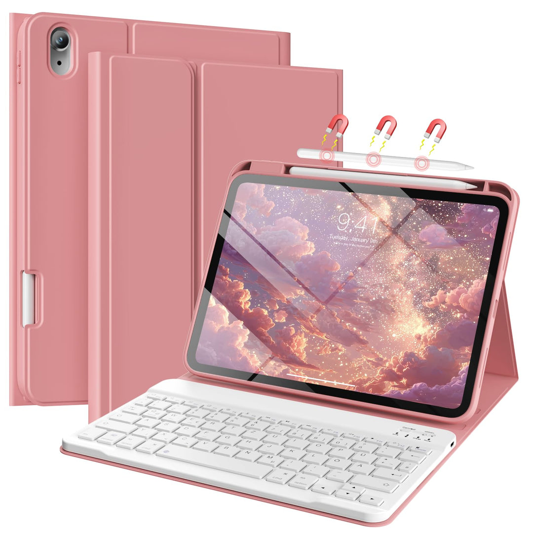 Hülle mit Tastatur für iPad 11/10 Generation mit Stifthalter, Magnetisch Abnehmbare Kabellose Blueto