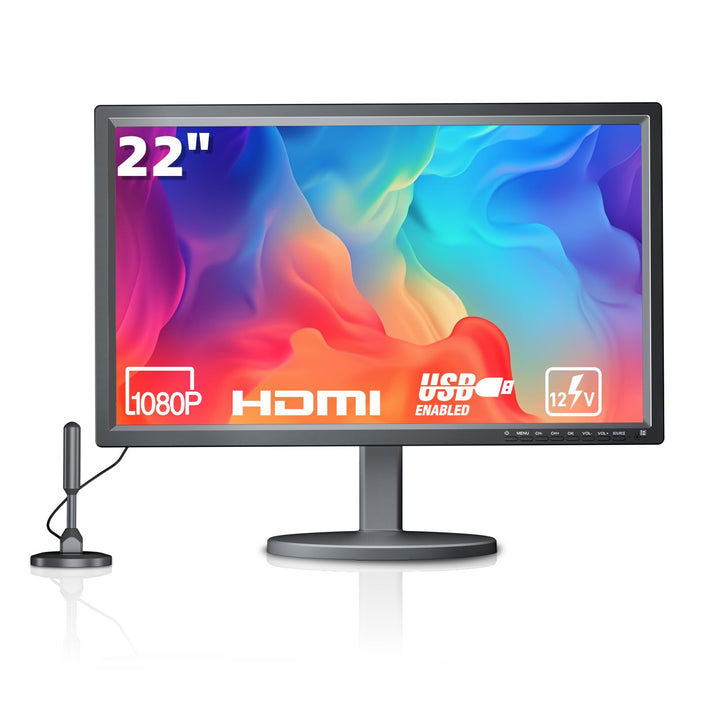 DESOBRY 1080P 22 Zoll Mini Fernseher, HDMI USB AV-Eingang, Kleiner Fernseher mit Antenne und DVB-T2-