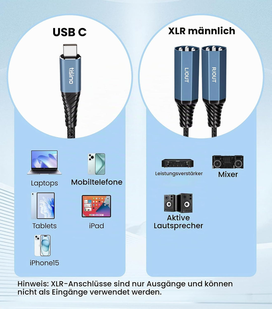 Tisino USB C auf Dual XLR Male Audio Kabel, XLR to USB C Stereo Power Amplifier Kabel für den Anschl