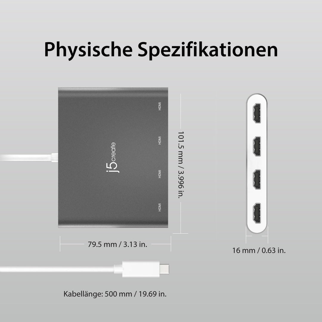 j5create USB-C auf 4 HDMI Anschlüsse Adapter Hub- Multimonitor Verteiler - Unterstützt Vier 1080p 60