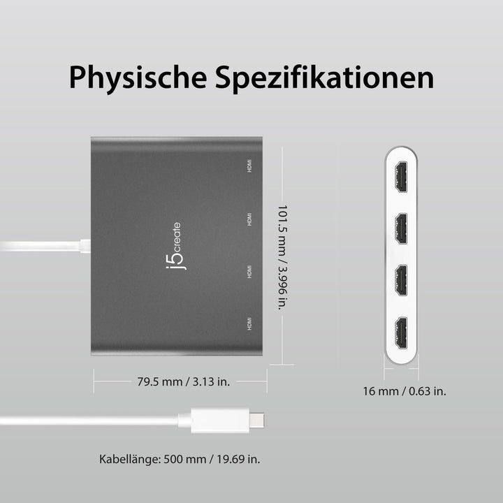 j5create USB-C auf 4 HDMI Anschlüsse Adapter Hub- Multimonitor Verteiler - Unterstützt Vier 1080p 60