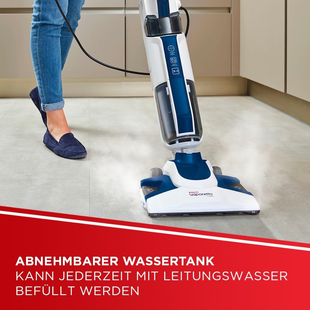 POLTI Steam Cleaner Vacuum Vaporetto 3 Clean_Blue, 1800 Watt, 5 kg, Weiss/Blau, beutellos, 3 Dampfei