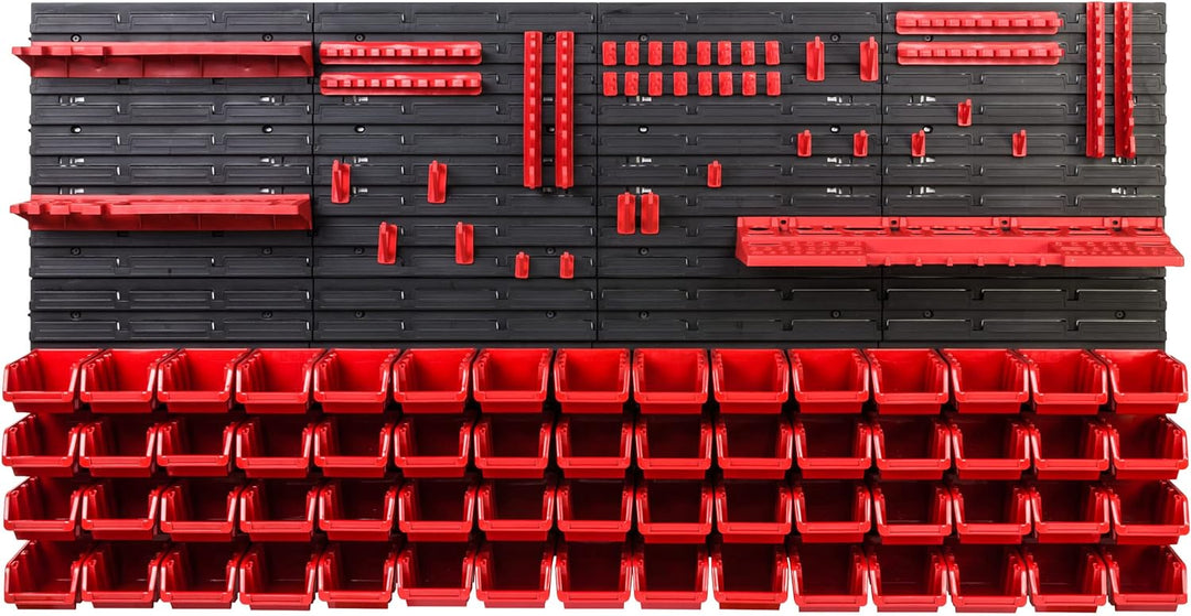 Lagersystem Werkstattregal | 156 x 78 cm | 60 stck. Box | Wandregal mit Werkzeughalterungen und Stap