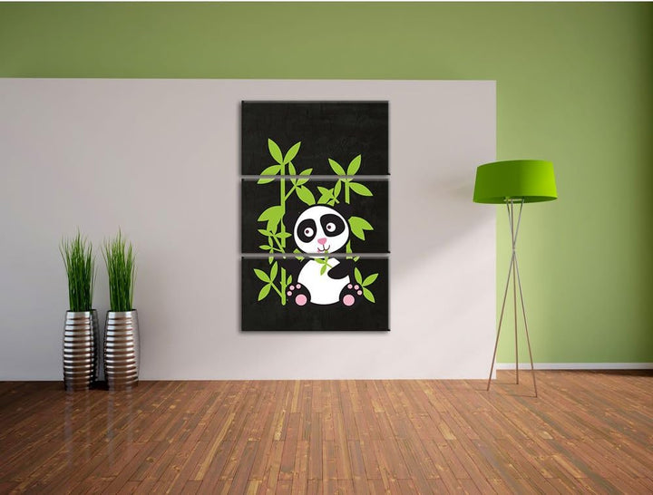 Pixxprint Süsser Panda mit Bambus als Leinwandbild/Grösse: 3 Teilig (120x80) cm/Wandbild/Kunstdruck/