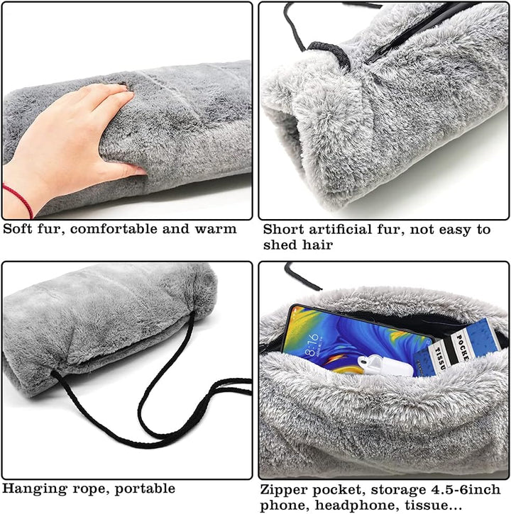 Handmuff Kunstpelz Muff für Warme Hände mit Tasche Riemen Grau Muff Handwärmer Damen Herren Kinder 1