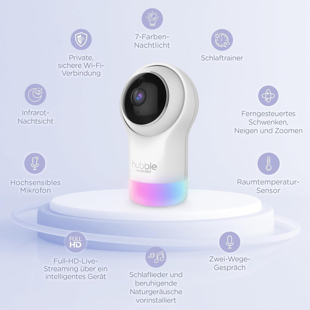 Hubble Connected Nursery Pal Glow, Babyphone mit Kamera, 7-Farben-Nachtlicht, Raumtemperatursensor,