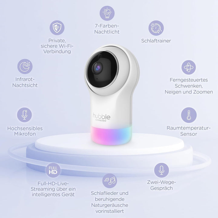 Hubble Connected Nursery Pal Glow, Babyphone mit Kamera, 7-Farben-Nachtlicht, Raumtemperatursensor,