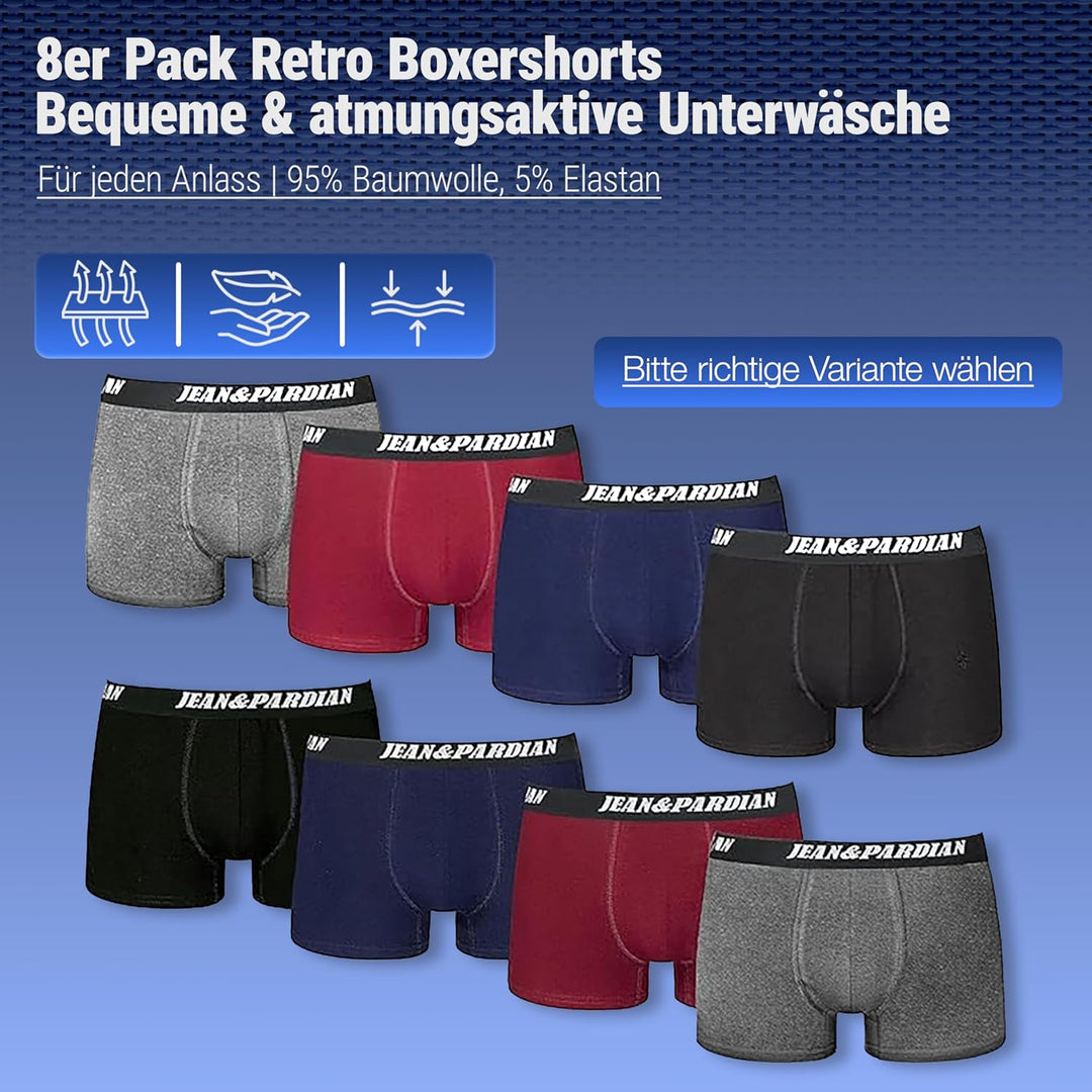 Jean&amp;Pardian Retro Boxershorts 8er &amp; 12er Pack - Bequeme &amp; atmungsaktive Unterwäsche für Herren aus