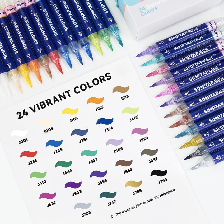 Arrtx Acrylstifte für Steine Bemalen, 24 Farben Simptap Top Valve Action Acrylmarker, Pinselspitze A