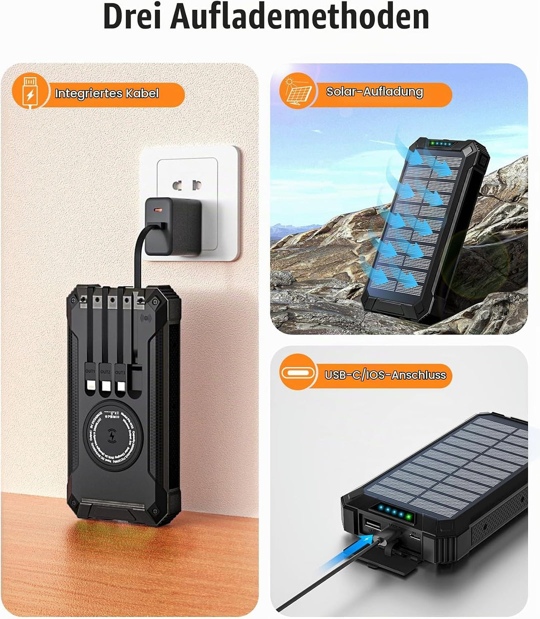 Solar Powerbank 26800mAh mit integrierten 4 Kabeln, Wireless Power Bank USB-C Ausgang/Eingang 15W Sc