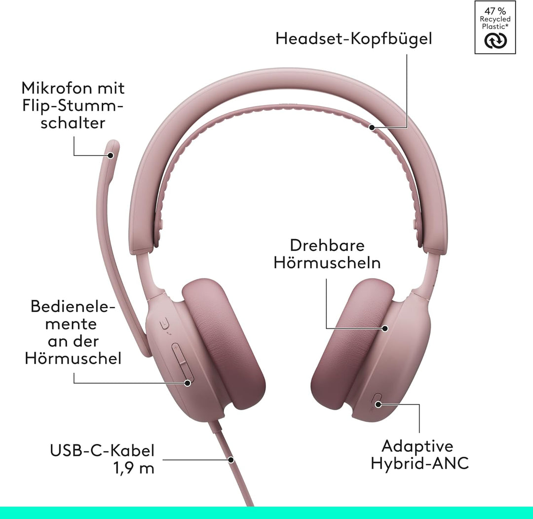 Logitech Zone Wired 2 – Headset mit Geräuschunterdrückung und Adaptive Hybrid-ANC, USB-C mit USB-A-A