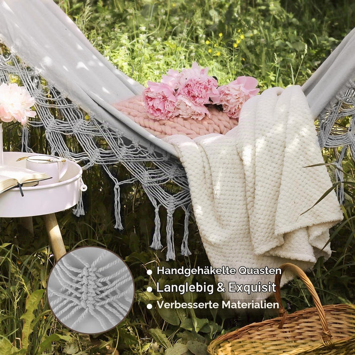 Hängematte Outdoor Boho-Stil für Garten, Balkon, Terrasse, Indoor, mit gebogener Holzstange, Befesti