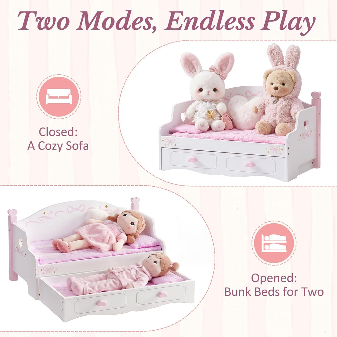 ROBOTIME Holz Puppen Doppelbett, Sofa Bett mit Ausziehfunktion, Puppen Etagenbett mit 2 Sets Bettwäs