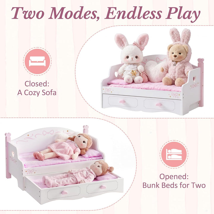 ROBOTIME Holz Puppen Doppelbett, Sofa Bett mit Ausziehfunktion, Puppen Etagenbett mit 2 Sets Bettwäs