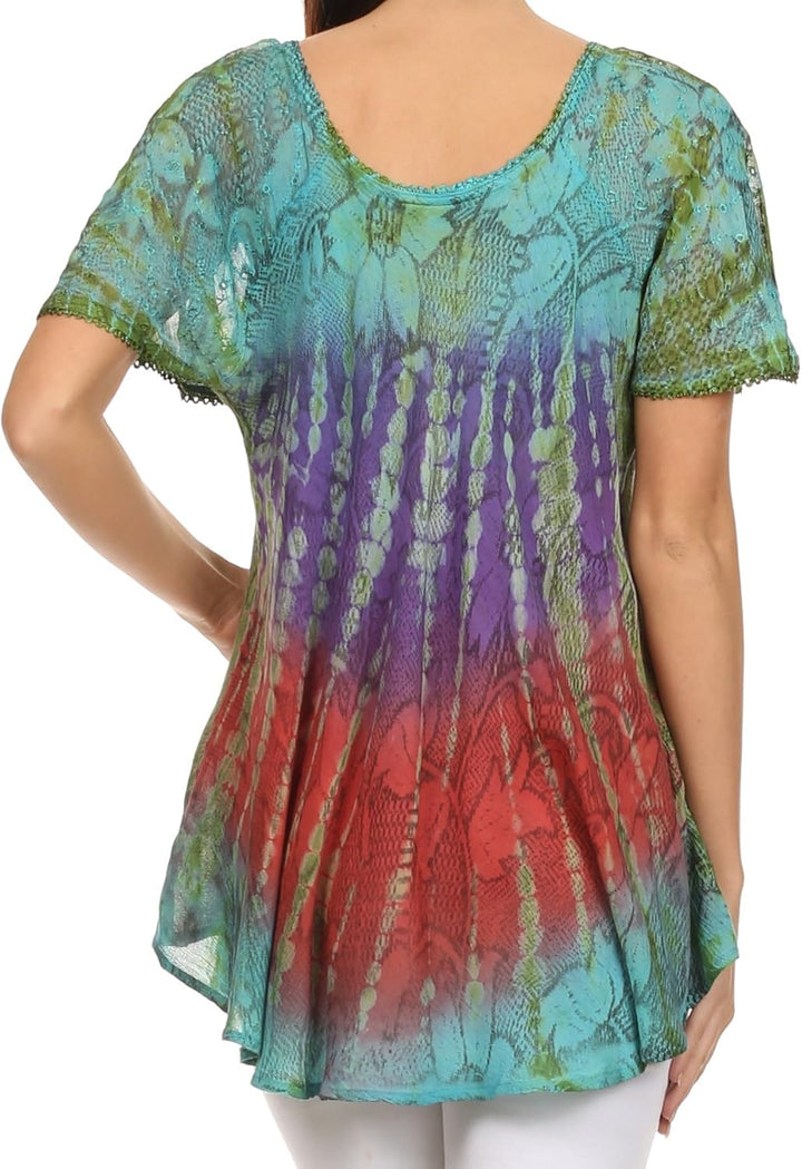 Sakkas 14783 - Dina Relaxed Fit Sequin Tie Dye Stickerei Cap Ärmel Bluse/Top Einheitsgrösse Türkis,