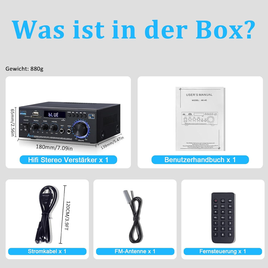 HiFi-Verstärker WOOPKER Mini Verstärker, 500W,2 Kanäle Bluetooth Verstärker HiFi Stereo w/UKW-Radio,