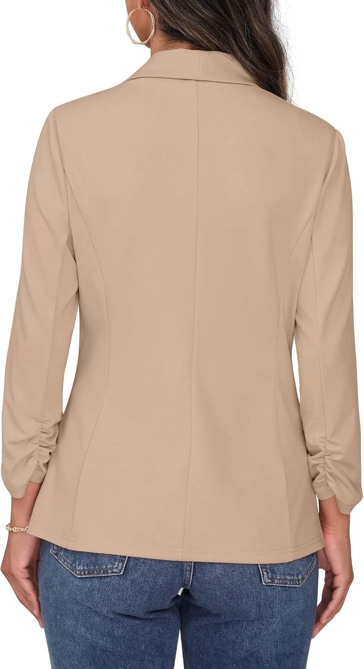 PrinStory Blazer Für Damen 3/4 Geraffte Ärmel Blazer Geschäft Büro Blazer Anzug Sportlich Jack Trenc