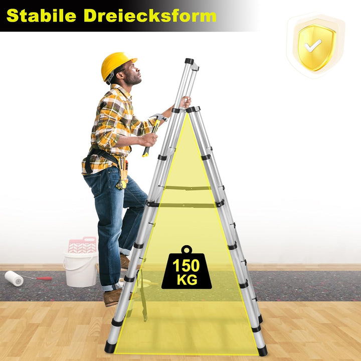 XMTECH 1.4m+1.7m Aluminium Teleskopleiter Klappleiter A-Rahmen 5 + 6 Stufen, Rutschfester Aluleiter