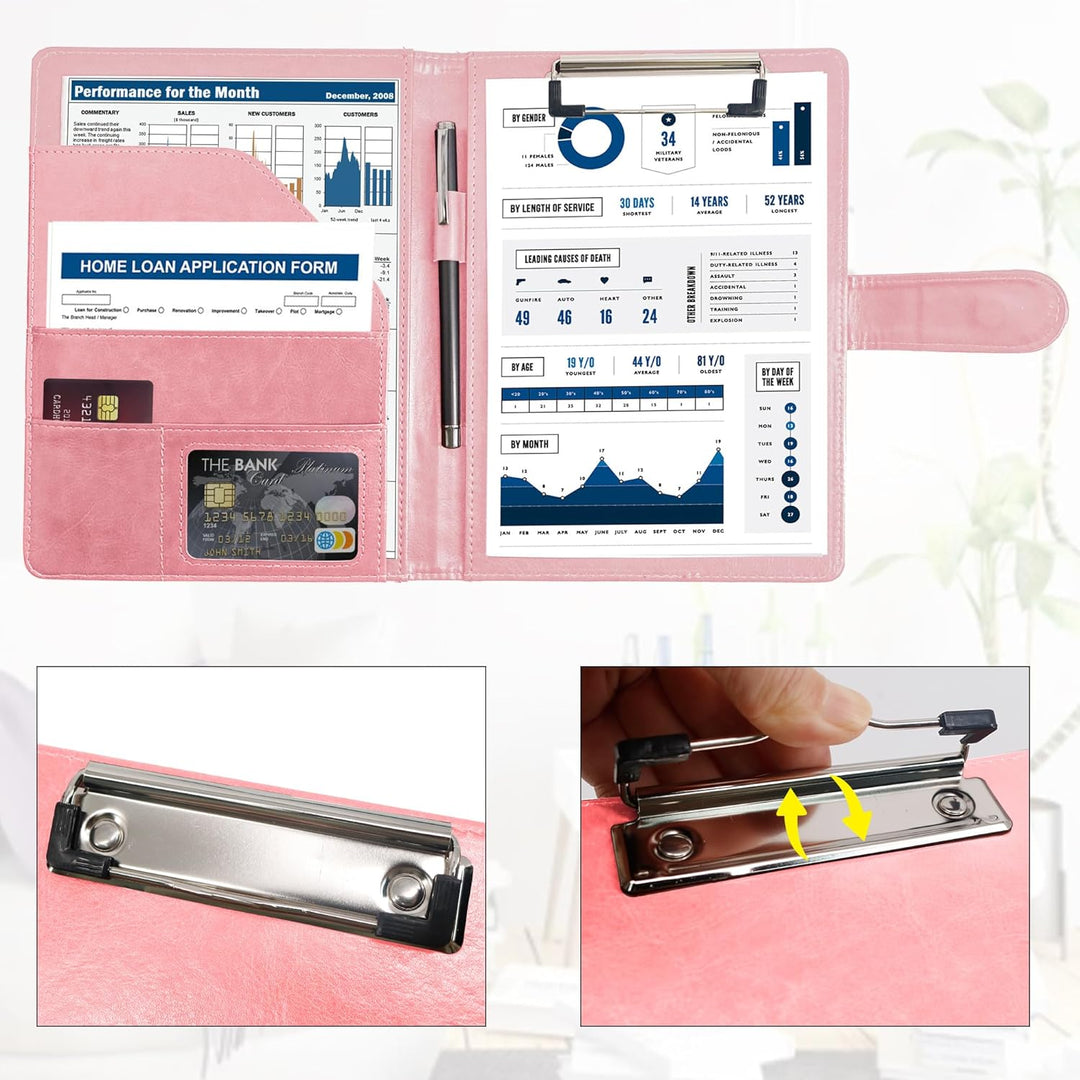 Schreibmappe A5 Klemmbrett Mappe mit Magnetischer Verschluss, organizer büro mappe, Rosa Ordner, Dok
