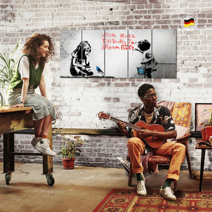 Runa Art Wandbild XXL Banksy Mädchen mit Vogel Loft Wohnzimmer 200 x 80 cm Grau Blau 5 Teilig - Made