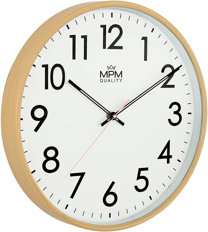 MPM Design Kunstoff Wanduhr, grosse arabische Ziffern, Hellbraun, Quarz-Uhrwerk, ∅ 350 mm, modern, A