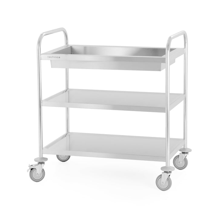 TECHNICA Servierwagen Edelstahl 3 Etagen mit Rollen & Bremse Rundgriff - Tiefe Regale 860x540x940mm