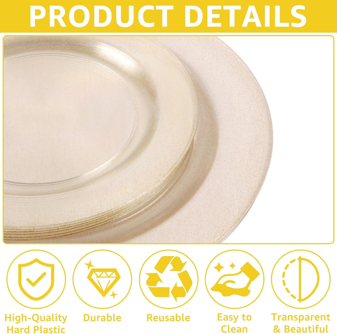 40 Transparenter Plastikteller Gold mit 2 Grössen Mehrweg Kunststoffteller 19cm und 26cm Stabiles Pl