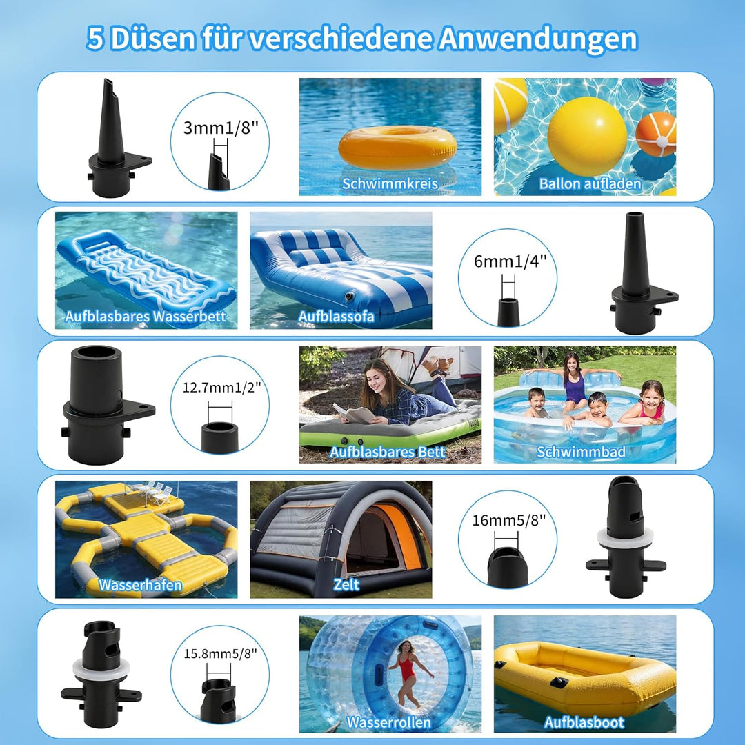 Elektrische Luftpumpe für Luftmatratze, 600W Luftpumpe Luftmatratze mit 5 Düsen, Airtrack Pumpe Elek