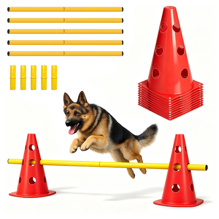 Agility Set Hunde – 10 Kegel + 5 Stangen, 23 cm Höhe, Cavaletti Hund für Koordinationstraining, Hund