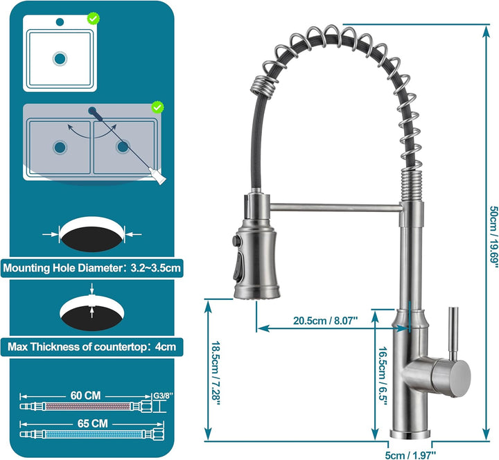 Wasserhahn Küche Ausziehbar, Hochdruck Küchenarmatur mit Brause und hohem Bogen, Mischbatterie Küche