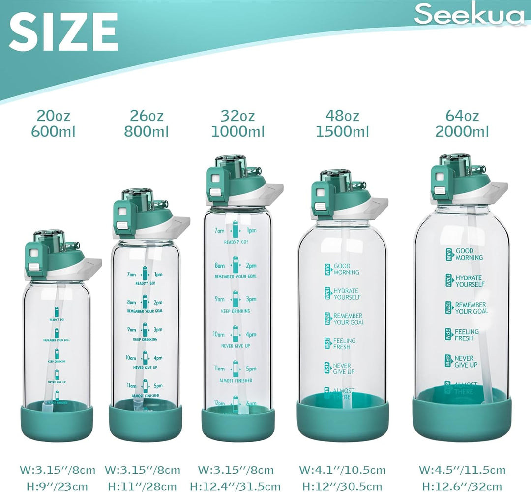 Seekua 0.6l Sport Trinkflasche Glas Flasche mit Strohhalm & Zeitmarkierung für Kinder, Schule 600ml