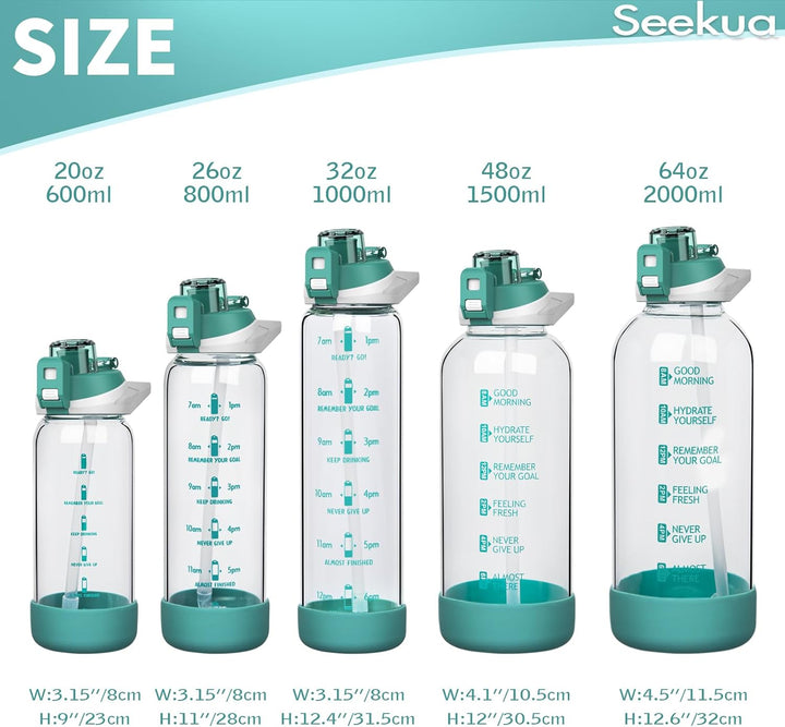 Seekua 0.6l Sport Trinkflasche Glas Flasche mit Strohhalm & Zeitmarkierung für Kinder, Schule 600ml