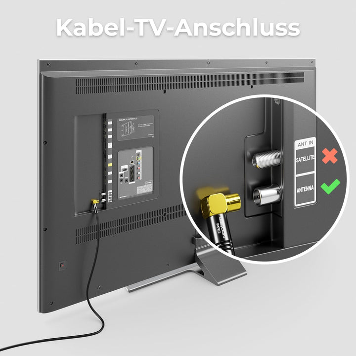 deleyCON 10m TV Antennenkabel HDTV Full HD - 2x gewinkelt - Koaxialkabel - TV-Stecker (90° Grad) zu