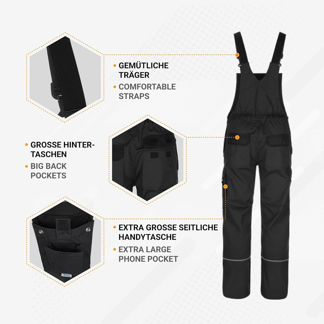 TMG® - Herren Latzhose für Mechaniker - strapazierfähig - Schwarz EU78