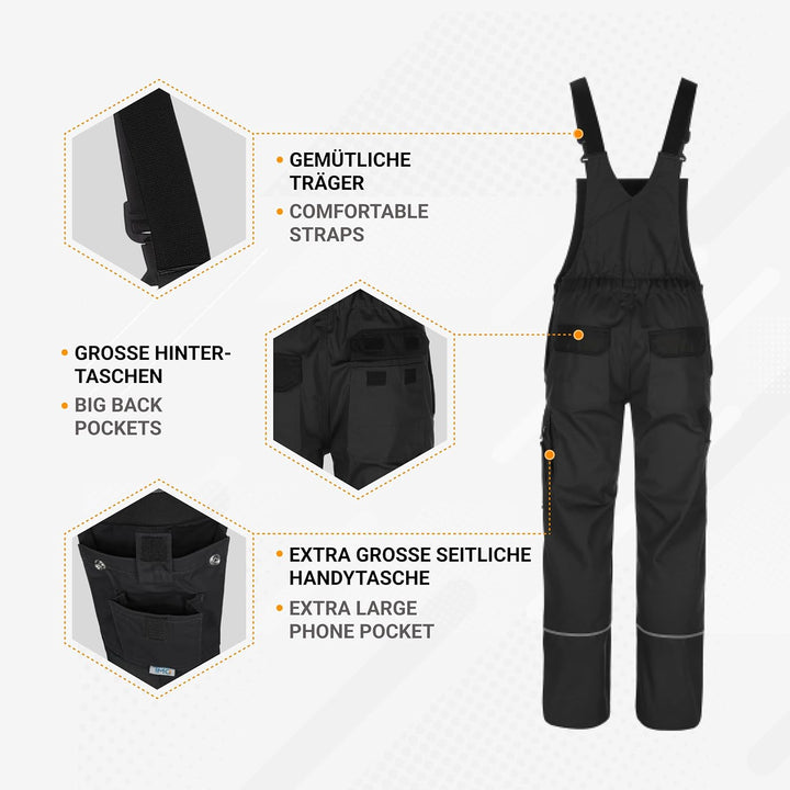 TMG® - Herren Latzhose für Mechaniker - strapazierfähig - Schwarz EU78