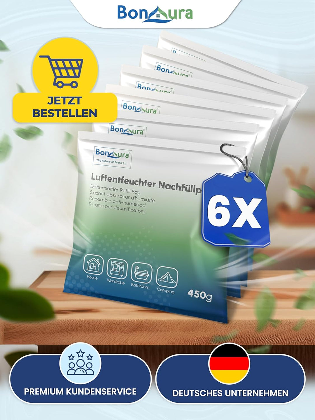 BonAura® AirOne Lite Luftentfeuchter Nachfüllpack I 6er Set 450g Luftentfeuchter Granulat I Entfeuch