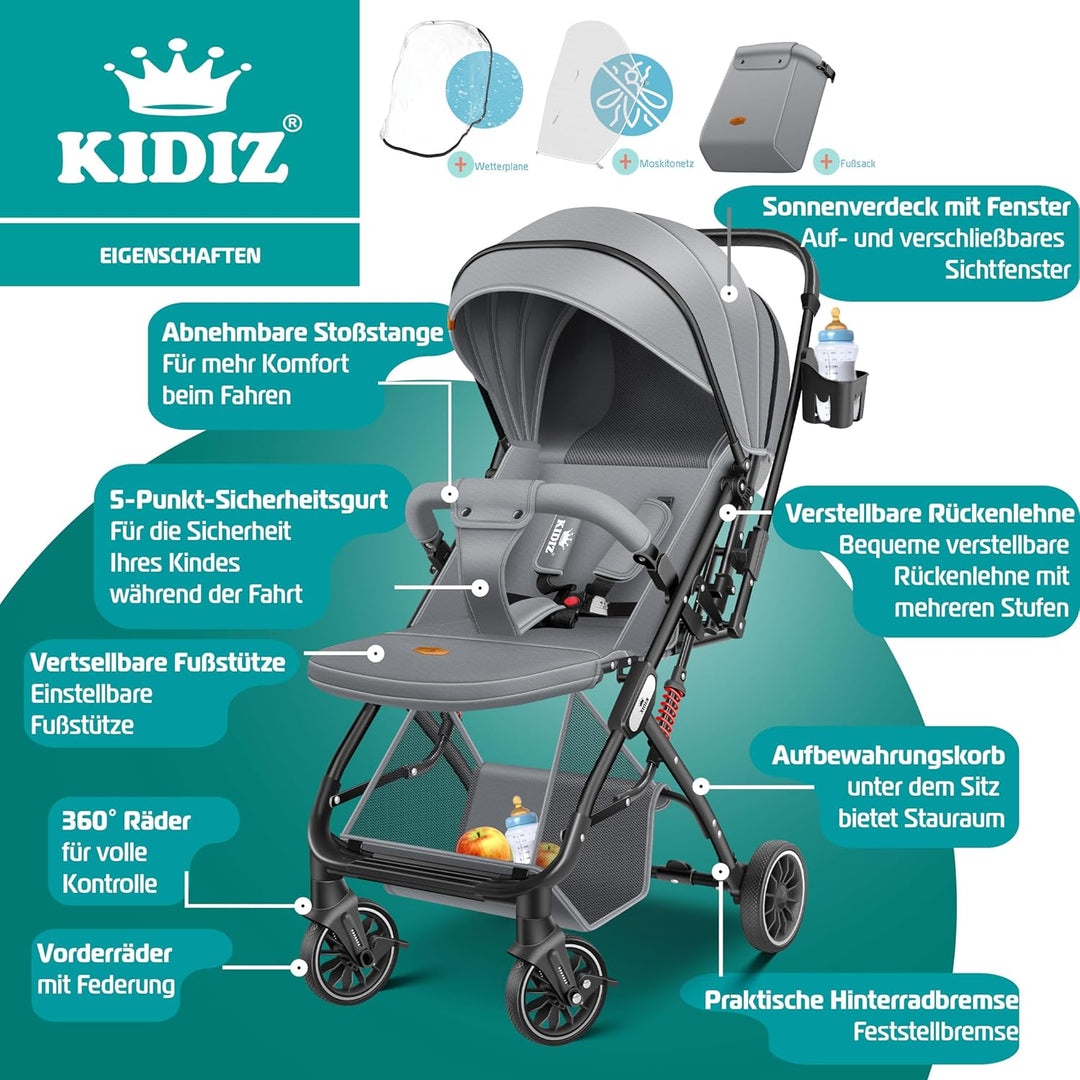 KIDIZ® Kinderwagen Kinderbuggy klappbar Liegebuggy Sportwagen Faltbar 360° Räder 5-Punkt Gurt Inkl.