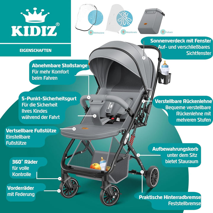 KIDIZ® Kinderwagen Kinderbuggy klappbar Liegebuggy Sportwagen Faltbar 360° Räder 5-Punkt Gurt Inkl.