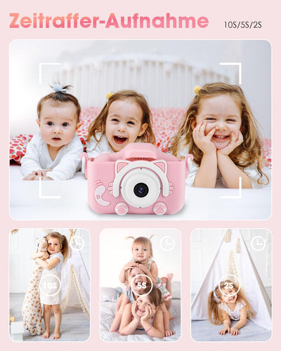 Kinderkamera für Mädchen, 3-12 Jahre, 2.0”Display Digitalkamera, Doppelobjektiv, 32GB SD-Karte, Sili