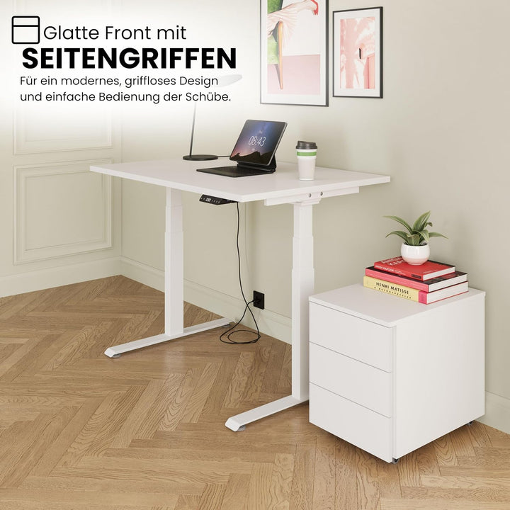 bümö lite Rollcontainer mit Schubladen, Container aus Holz in weiss - Rollwagen für's Büro als Schre