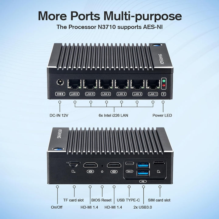 Fanless Micro Firewall Appliance, Firewall Mini PC Intel N3710 4C/4T, 6 x Intel 2.5 GbE i226-V LAN,A