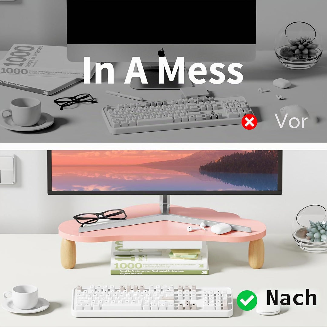 AFOOYO Monitorständer, Wolkenform, stabiles Holz, Computer-Monitorständer mit Schublade, Mehrzweck-S