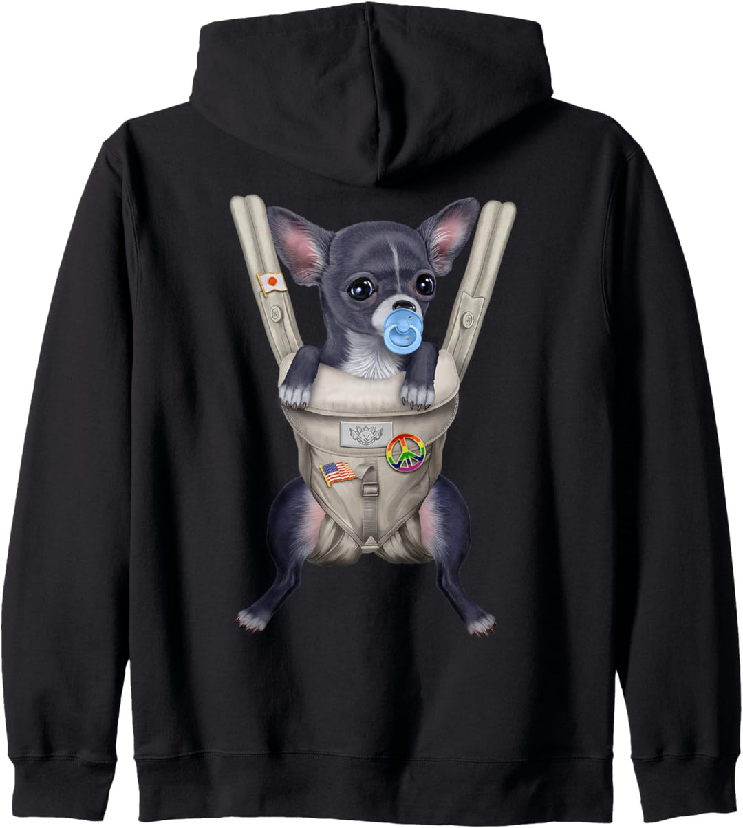 Blauer Chihuahua-Hund mit einem Schnuller in der Babytrage Kapuzenjacke