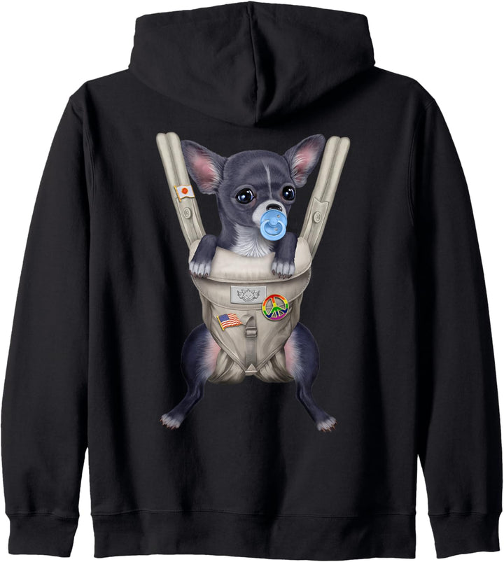 Blauer Chihuahua-Hund mit einem Schnuller in der Babytrage Kapuzenjacke