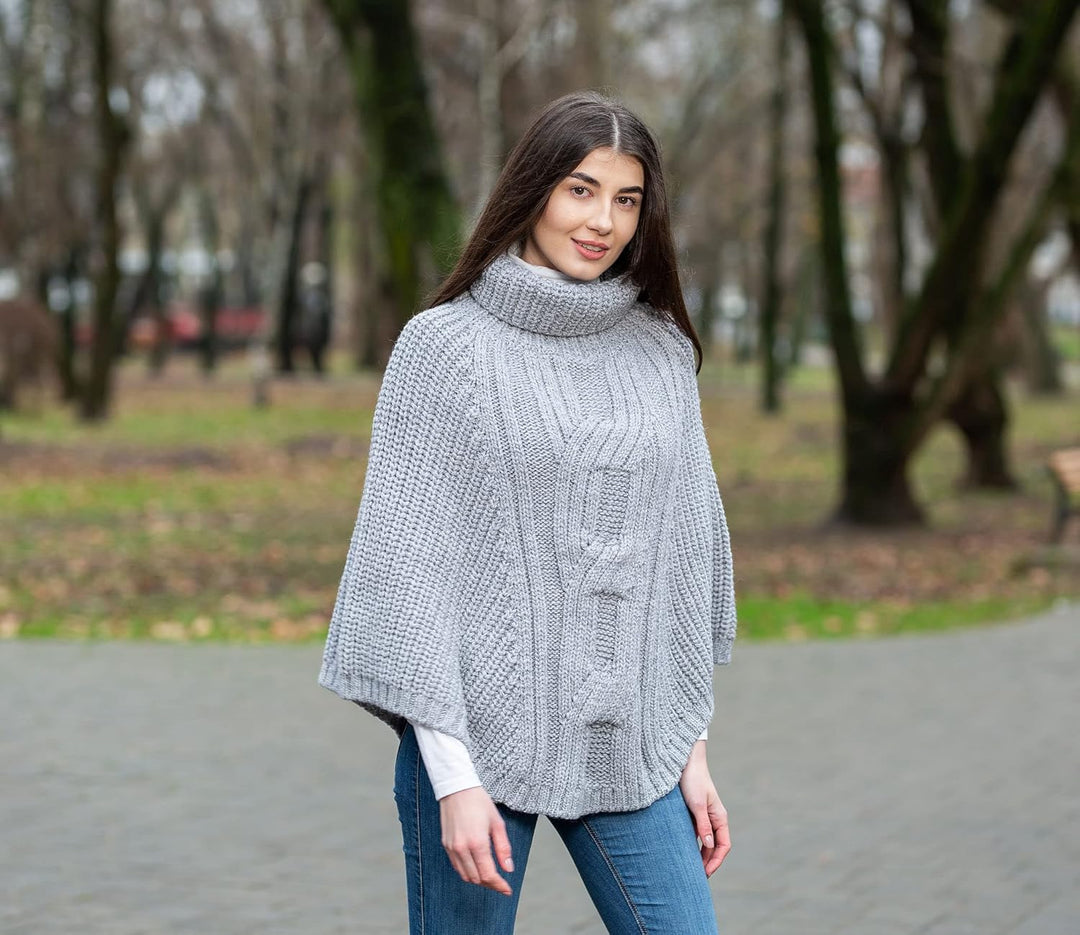 SAOL Damen Poncho aus 100% Merinowolle mit Zopfmuster für Damen Einheitsgrösse Einheitsgrösse Grau,