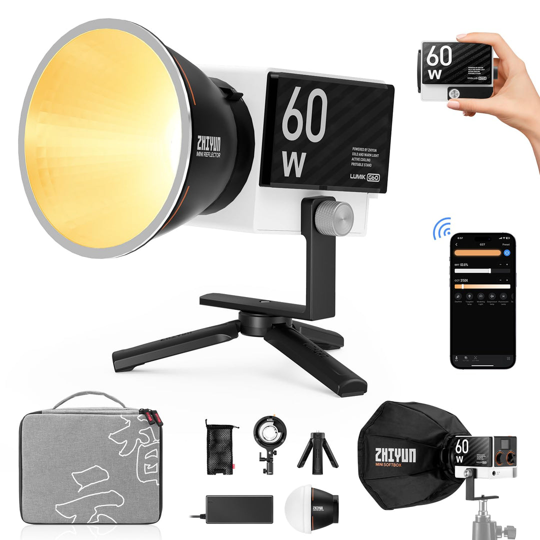 ZHIYUN Molus G60 Combo [Official] Videoleuchte 60W, COB LED Videolicht Tragbar, Bi-Color Streaming L