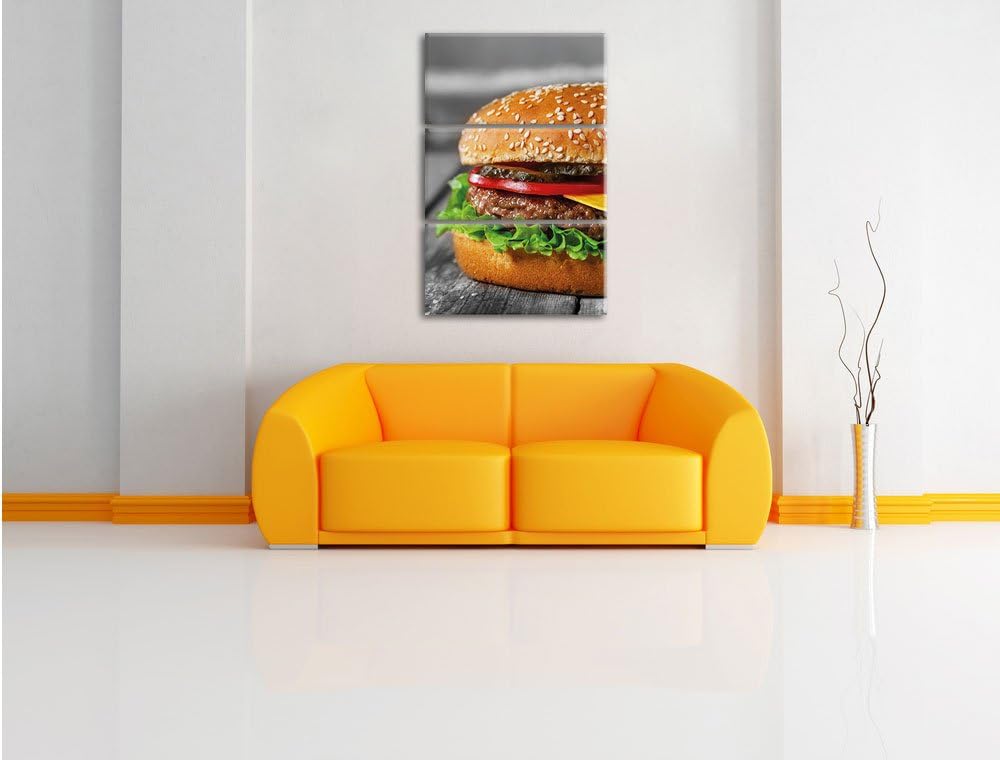 Pixxprint appetitlicher Cheeseburger als Leinwandbild/Grösse: 3 Teilig (120x80) cm/Wandbild/Kunstdru