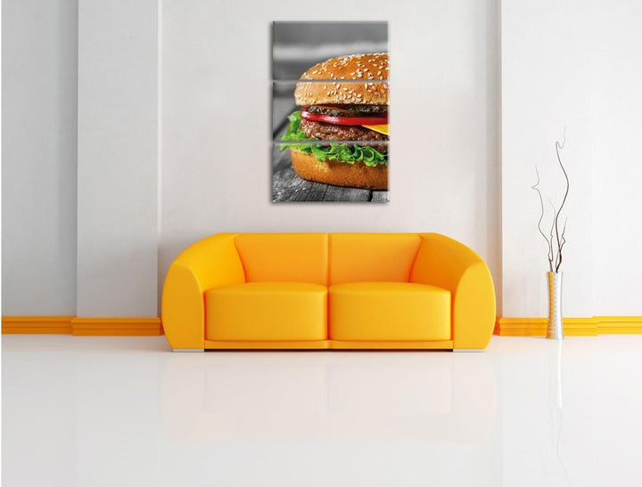 Pixxprint appetitlicher Cheeseburger als Leinwandbild/Grösse: 3 Teilig (120x80) cm/Wandbild/Kunstdru